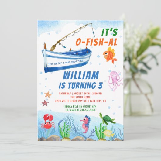 ウォーターカラーアンダーザシーボート魚釣り誕生日 招待状 (スタンド正面)