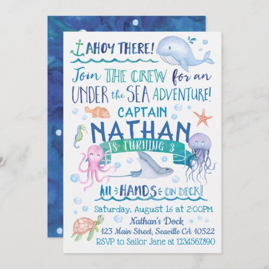 ウォーターカラーアンダーザシー誕生日招待状 招待状 (正面/裏面)