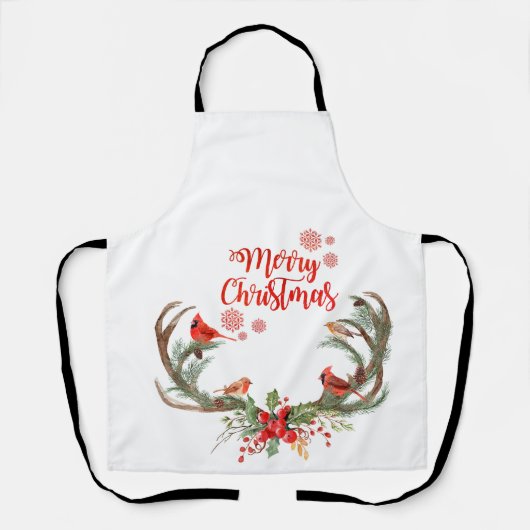 ウォーターカラーアントラートナカイ（鳥）ショウジョウコウカンチョウクリスマス エプロン (正面)