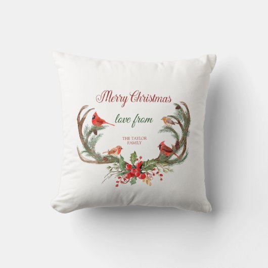 ウォーターカラーアントラートナカイ（鳥）ショウジョウコウカンチョウクリスマス クッション (正面)