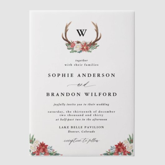 ウォーターカラーアントラーリースモノグラムホリデ結婚ーズ ベラム紙招待状 (正面)