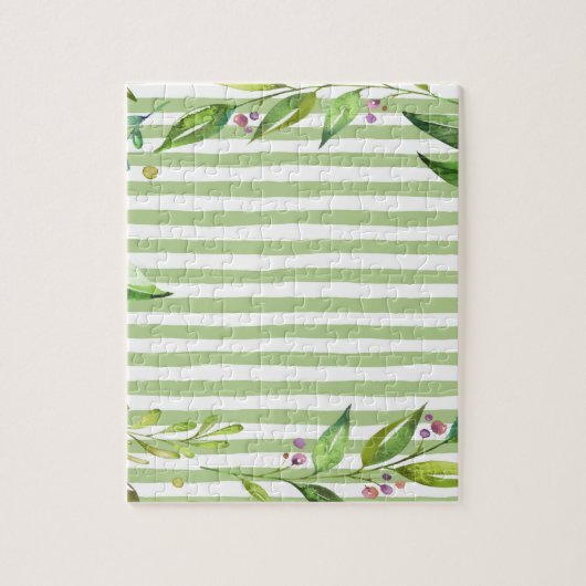 ウォーターカラーアートはっきりしたグリーンストライプフローラデザイン ジグソーパズル (縦)