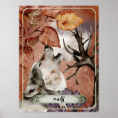 ウォーターカラーアートウルフハウリングアットフルムーン自然 ポスター (正面)