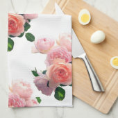 ウォーターカラーアートピンクレッドローゼスフローラテンプレート キッチンタオル (四つ折り)