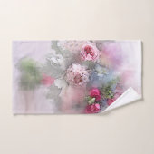ウォーターカラーアートピンクレッドローゼブーケフローラ バスタオルセット (ハンドタオル)