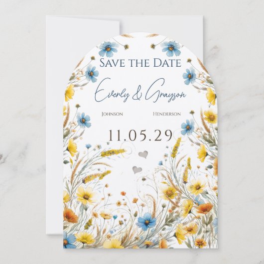 ウォーターカラーイエローエレガンス&スカイブルーフローラ 招待状 (正面)