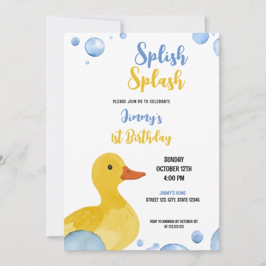 ウォーターカラーイエローダック男の赤ちゃん誕生日 招待状 (正面)