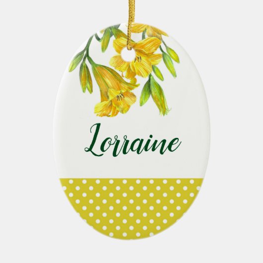 ウォーターカラーイエローデイリリーフローラアートデザイン セラミックオーナメント (正面)