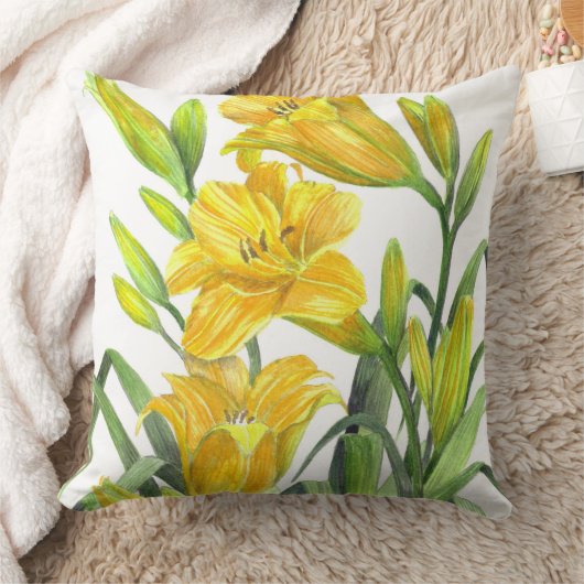 ウォーターカラーイエローデイリリーフローラアート クッション (ブランケット)