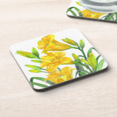 ウォーターカラーイエローデイリリーフローラアート コースター (左側)