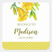 ウォーターカラーイエローデイリリーフローラアート スクエアシール (正面)