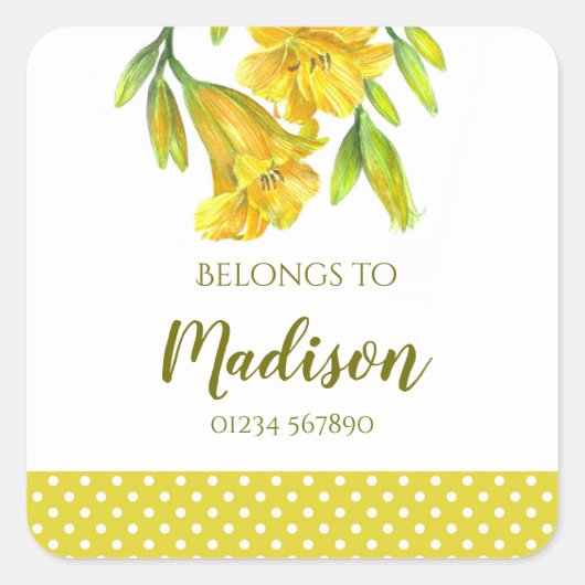 ウォーターカラーイエローデイリリーフローラアート スクエアシール (正面)