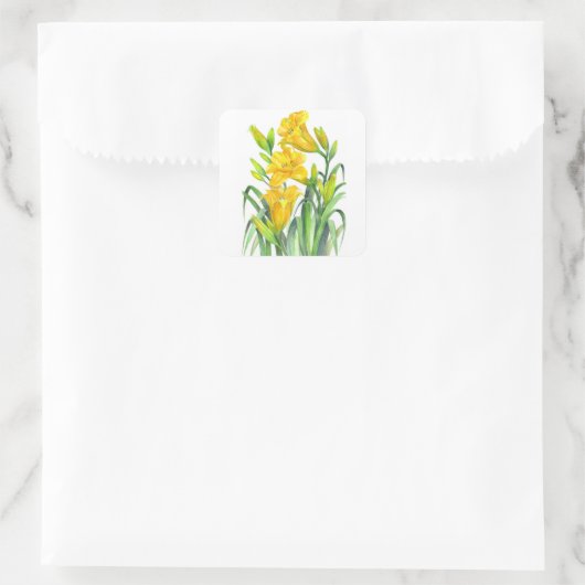 ウォーターカラーイエローデイリリーフローライラストレーション スクエアシール (バッグ)