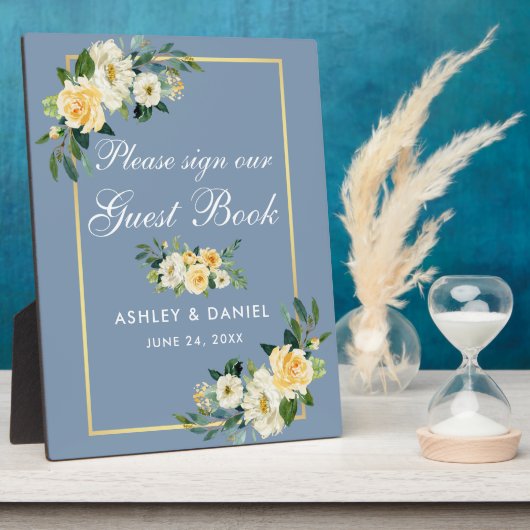 ウォーターカラーイエローフローラダスティブルーゲストブック フォトプラーク (側面)