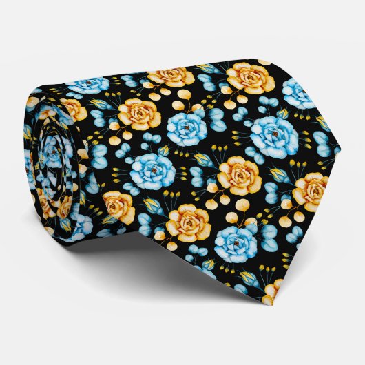 ウォーターカラーイエローブルーバラ植物学 ネクタイ (ロール)