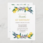 ウォーターカラーイエローレモンズオリーブ誕生日 招待状 (正面/裏面)