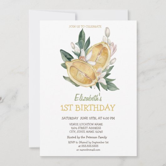 ウォーターカラーイエローレモン植物学 招待状 (正面)