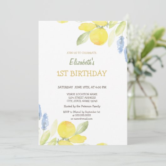 ウォーターカラーイエローレモン花誕生日 招待状 (スタンド正面)