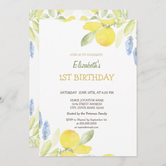 ウォーターカラーイエローレモン花誕生日 招待状 (正面/裏面)