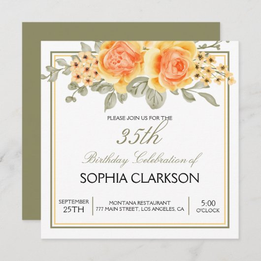 ウォーターカラーイエローローズ誕生日 招待状 (正面/裏面)