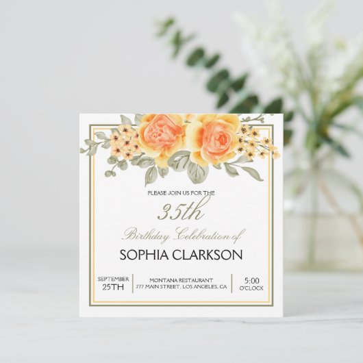 ウォーターカラーイエローローズ誕生日 招待状 (スタンド正面)