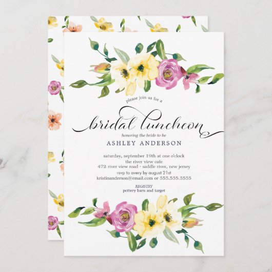 ウォーターカラーイエロー&バイオレットフローラブライダルランチョン 招待状 (正面/裏面)
