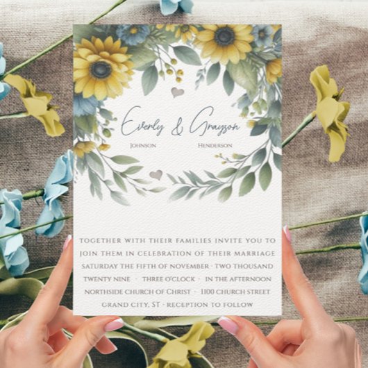 ウォーターカラーイエロー&ブルーエレガンスフローラ結婚ズ 招待状