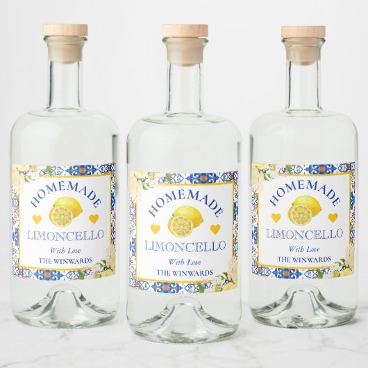 ウォーターカラーイエロー&ブルーホームメイドリモンチェロ リキュールボトルラベル (ボトル)