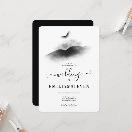 ウォーターカラーイーグルマウンテンズ結婚白黒 招待状 (正面/裏面インサイチュ)