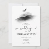 ウォーターカラーイーグルマウンテンズ結婚白黒 招待状 (正面)