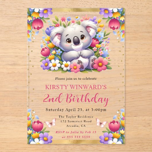 ウォーターカラーイースターコアラ&春の花誕生日 アクリル招待状 (正面)