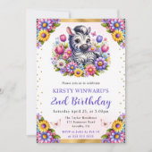 ウォーターカラーイースターゼブラ&春の花誕生日 招待状 (正面)