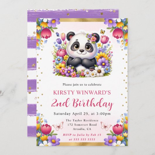 ウォーターカラーイースターパンダ春の花誕生日 招待状 (正面/裏面)