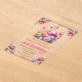 ウォーターカラーイースターフラミンゴ春の花誕生日 アクリル招待状 (レイダウン)