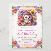 ウォーターカラーイースターヘッジホッグ春の花誕生日 招待状 (正面)