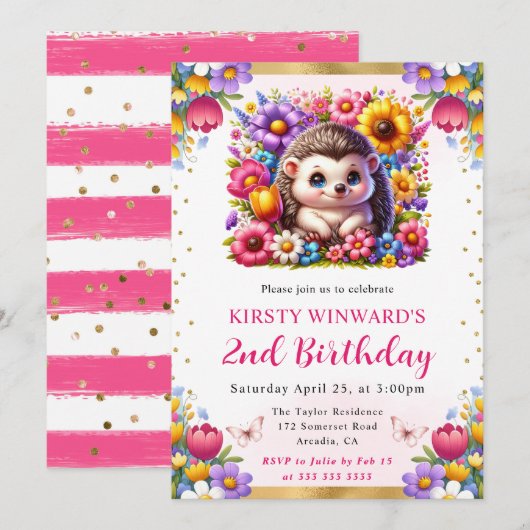 ウォーターカラーイースターヘッジホッグ春の花誕生日 招待状 (正面/裏面)