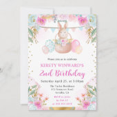 ウォーターカラーイースターラビットアンドフラワーズ誕生日 招待状 (正面)