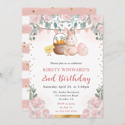 ウォーターカラーイースターラビットアンドフラワーズ誕生日 招待状 (正面/裏面)