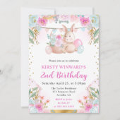 ウォーターカラーイースターラビットアンドフラワーズ誕生日 招待状 (正面)