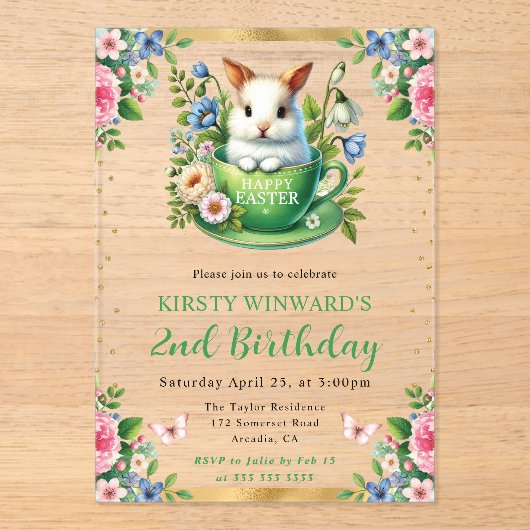 ウォーターカラーイースターラビット春の花誕生日 アクリル招待状 (正面)