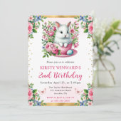 ウォーターカラーイースターラビット春の花誕生日 招待状 (スタンド正面)