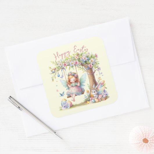 ウォーターカラーイースター春妖精 スクエアシール (封筒)