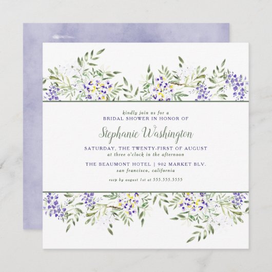 ウォーターカラーウィステリアブライダルシャワー招待状|正方形 招待状 (正面/裏面)