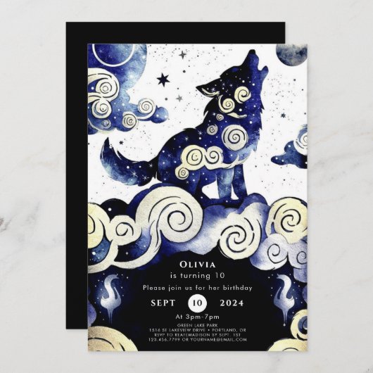 ウォーターカラーウィムシーウルフ誕生日 招待状 (正面/裏面)