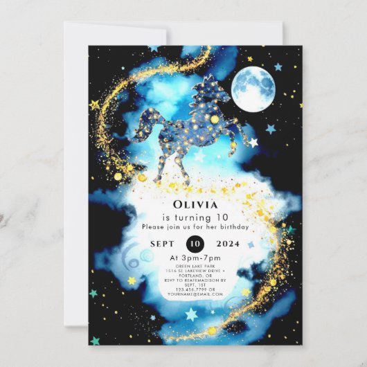 ウォーターカラーウィムシーホース誕生日 招待状 (正面)