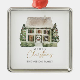 ウォーターカラーウィンタークリスマスハウスオーナメント メタルオーナメント