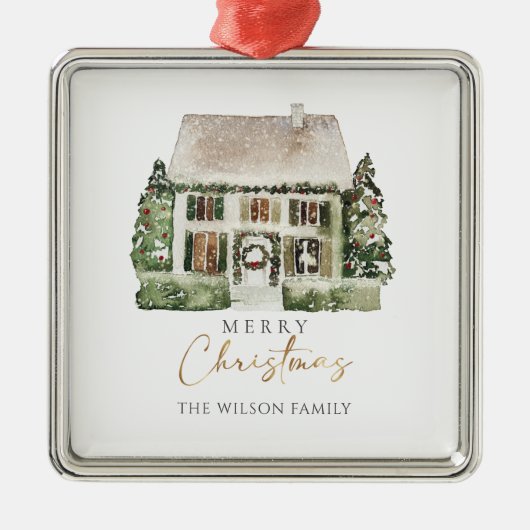 ウォーターカラーウィンタークリスマスハウスオーナメント メタルオーナメント (正面)