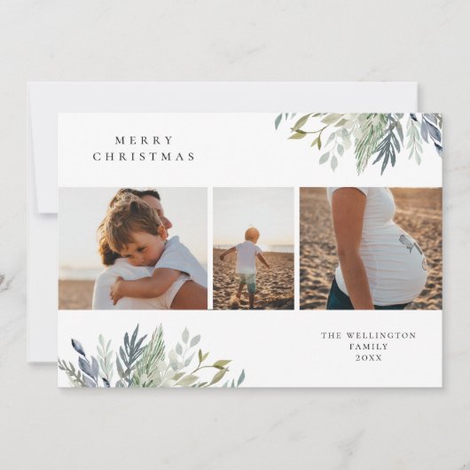 ウォーターカラーウィンターグリーンリーホリデーフォトコラージュ シーズンカード (正面)