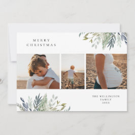 ウォーターカラーウィンターグリーンリーホリデーフォトコラージュ シーズンカード