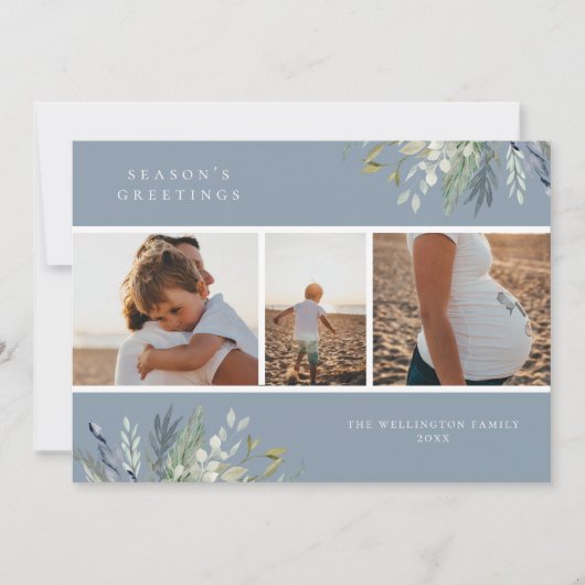 ウォーターカラーウィンターグリーンリーホリデーフォトコラージュ シーズンカード (正面)